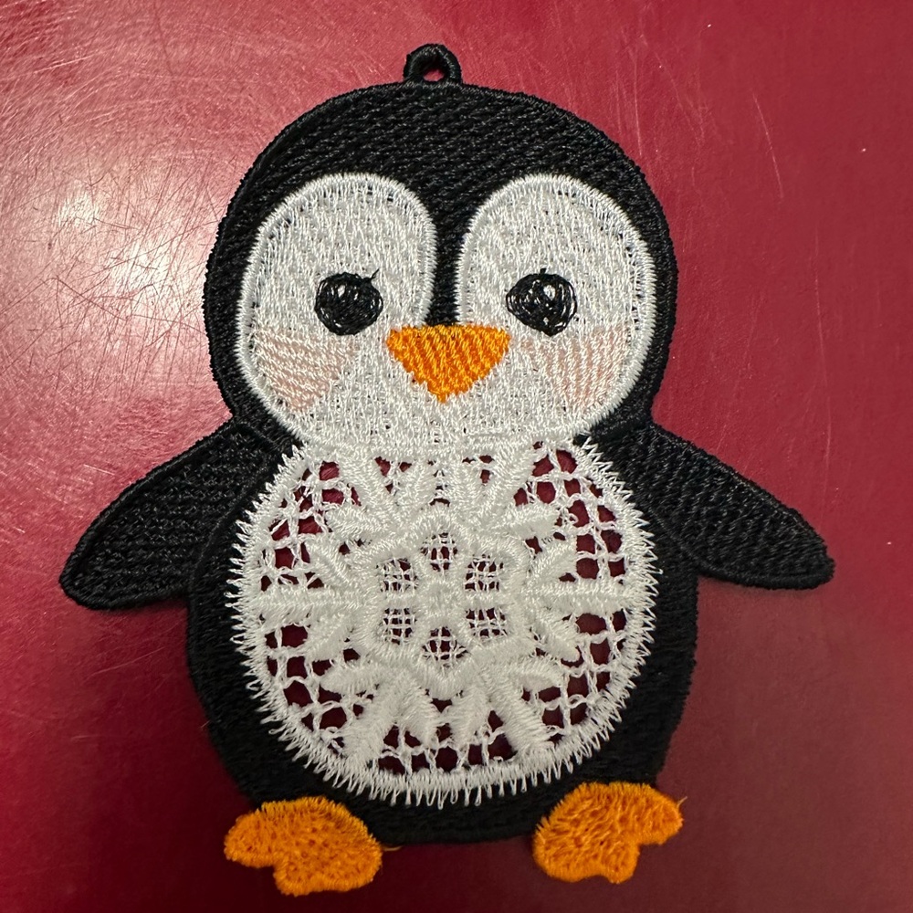 Embroidered Free Standing Lace Penguin Black, White, and Orange Accents Ornament
